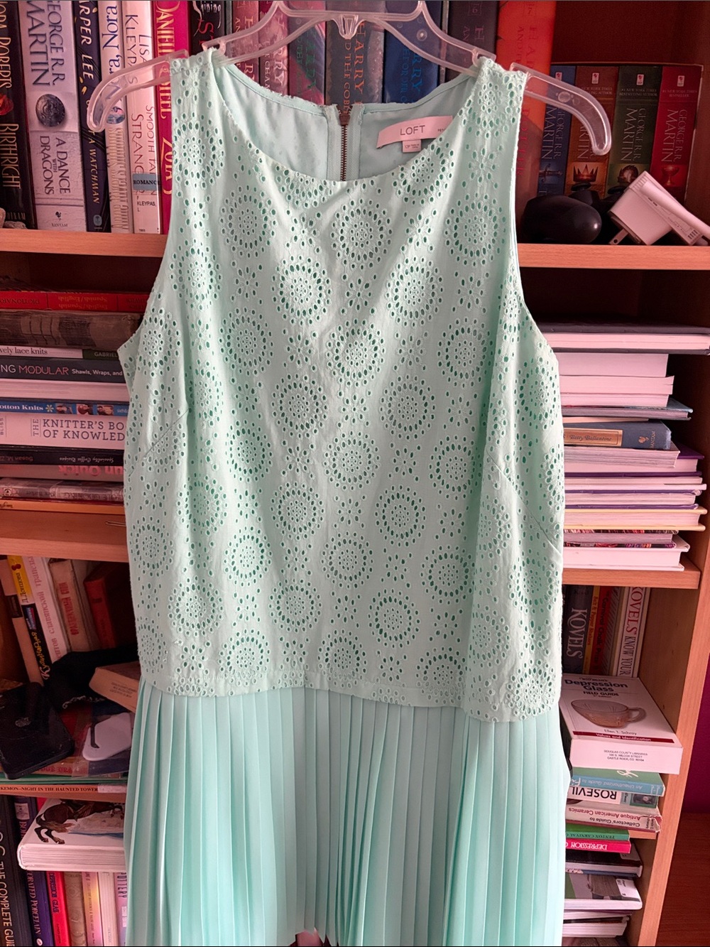 LOFT Mint Green Eyelet Pleated Midi Dress